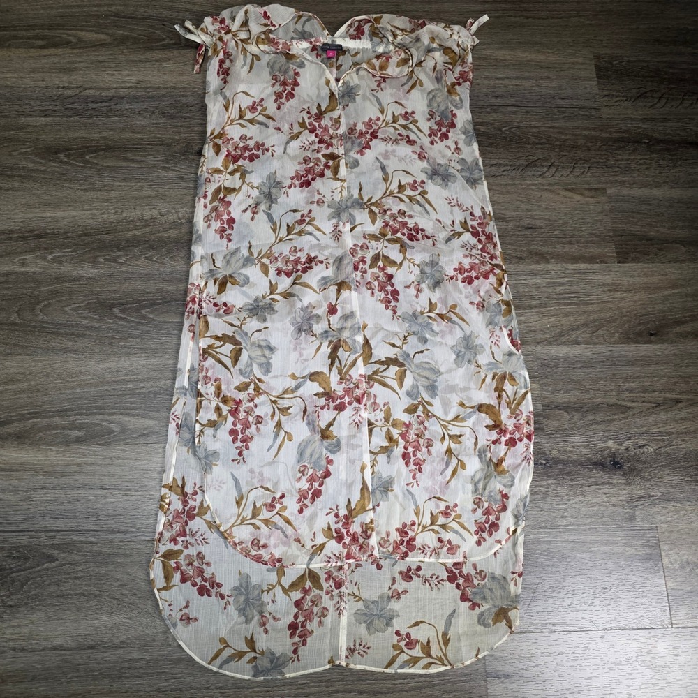Vince Camuto Womens XS Swim Coverup Ivory Floral Sheer High-Low Tie Shoulder